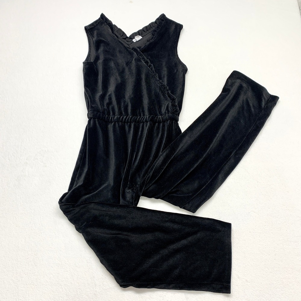 Splendid Ribbed Corduroy Jumpsuit Womens Size 14 Black‎ Ruffle Sleeveless Knit
